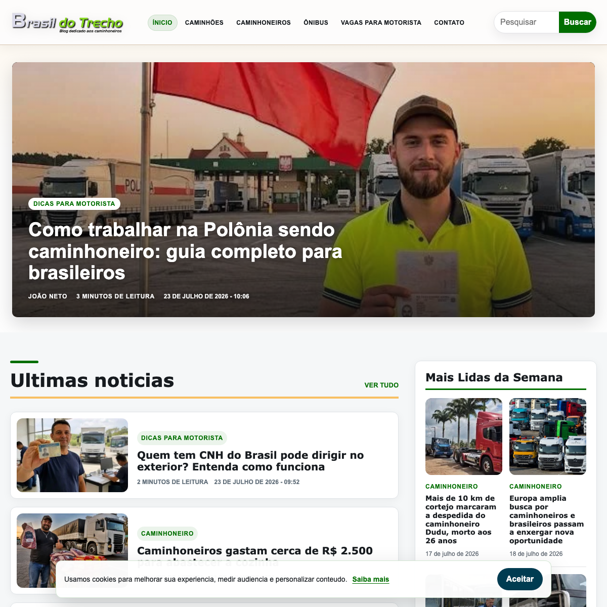 O site do caminhoneiro, rápido em qualquer ponto do trecho.